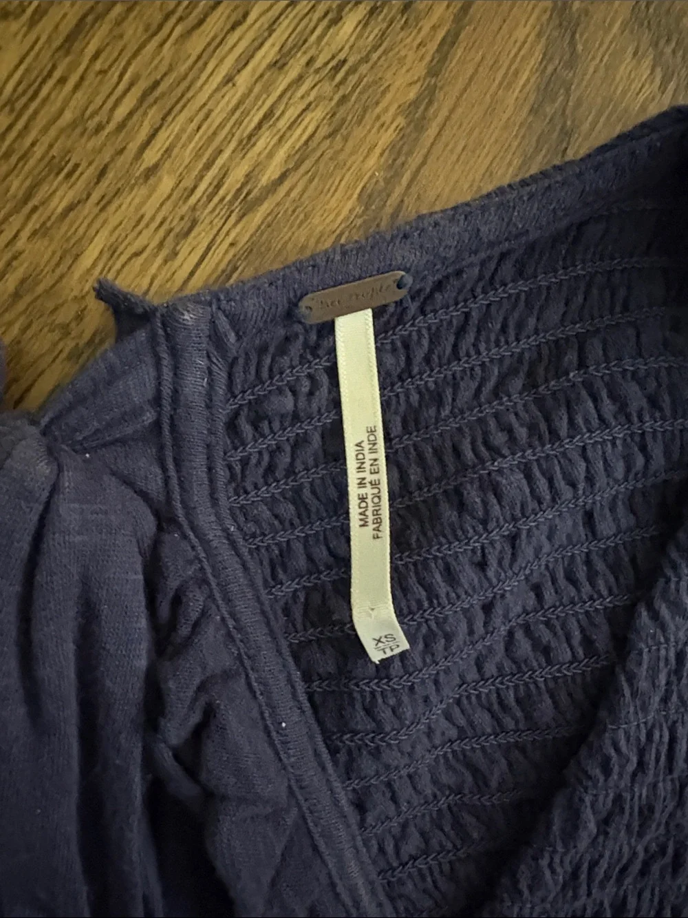 Free People Dark Navy Smocked V-Neck Peplum Top